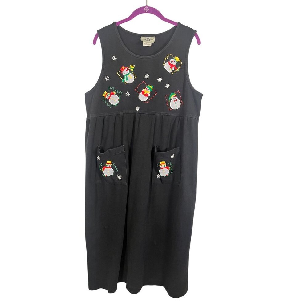 Vintage Christmas Tank Maxi Dress Snowman PL Black Festive Holiday Classic 80s